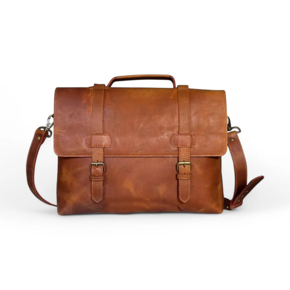 Front View – Leather messenger bag with classic flap and buckle clasp

