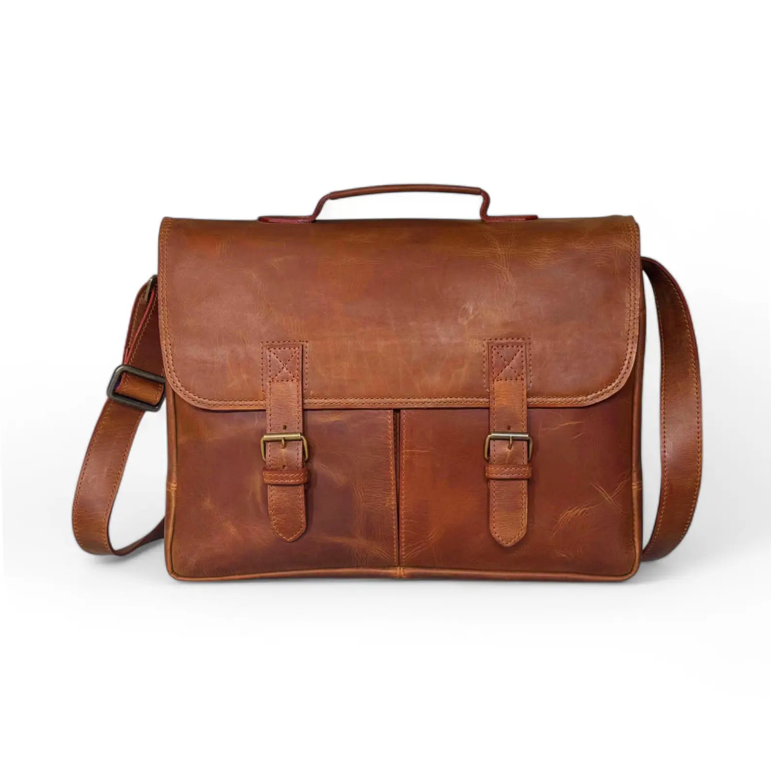 fornt view brown Leather Double Pocket Messenger bag front side 