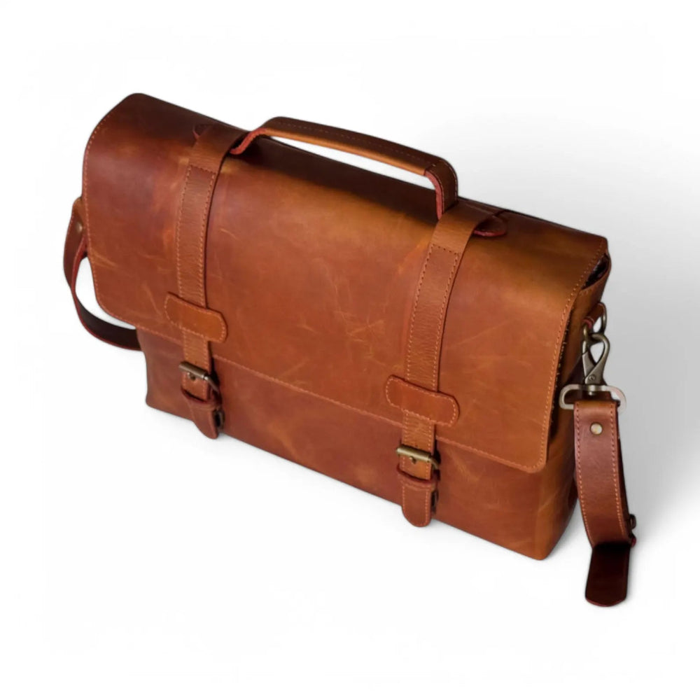 top view and handle view of leather bag