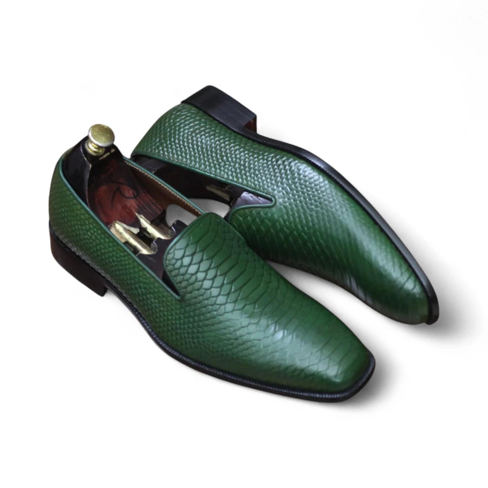 Men's hand-painted green leather slip-ons

