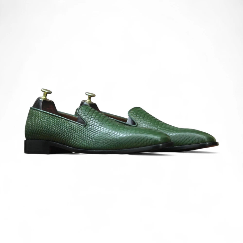 Full-grain leather green penny loafers

