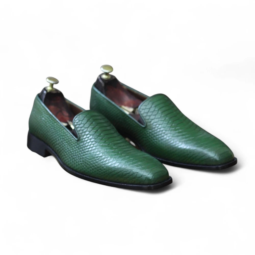 Elegant python embossed loafers front view

