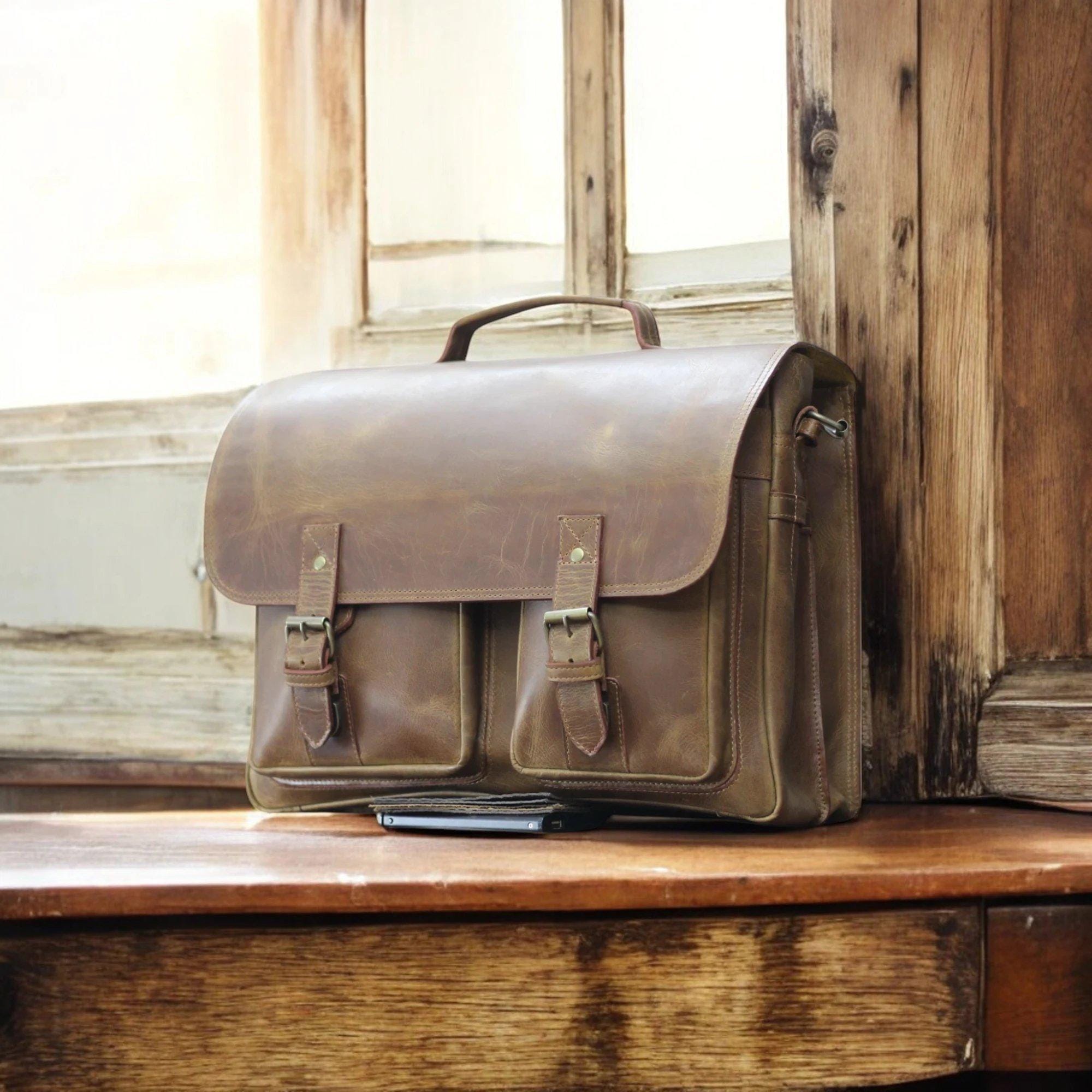 Side view showing briefcase depth and leather grain


