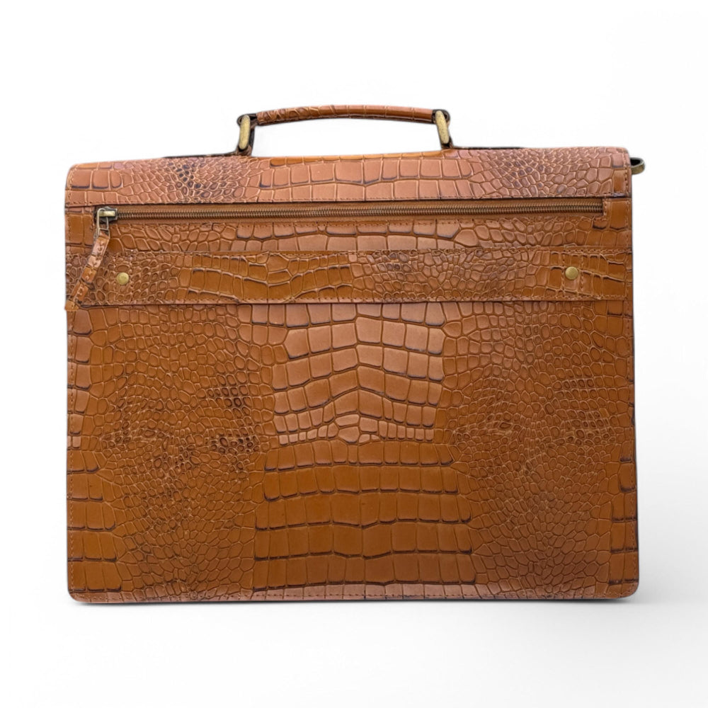 Front View – Alligator Texture Leather Messenger Bag Front with Buckles

