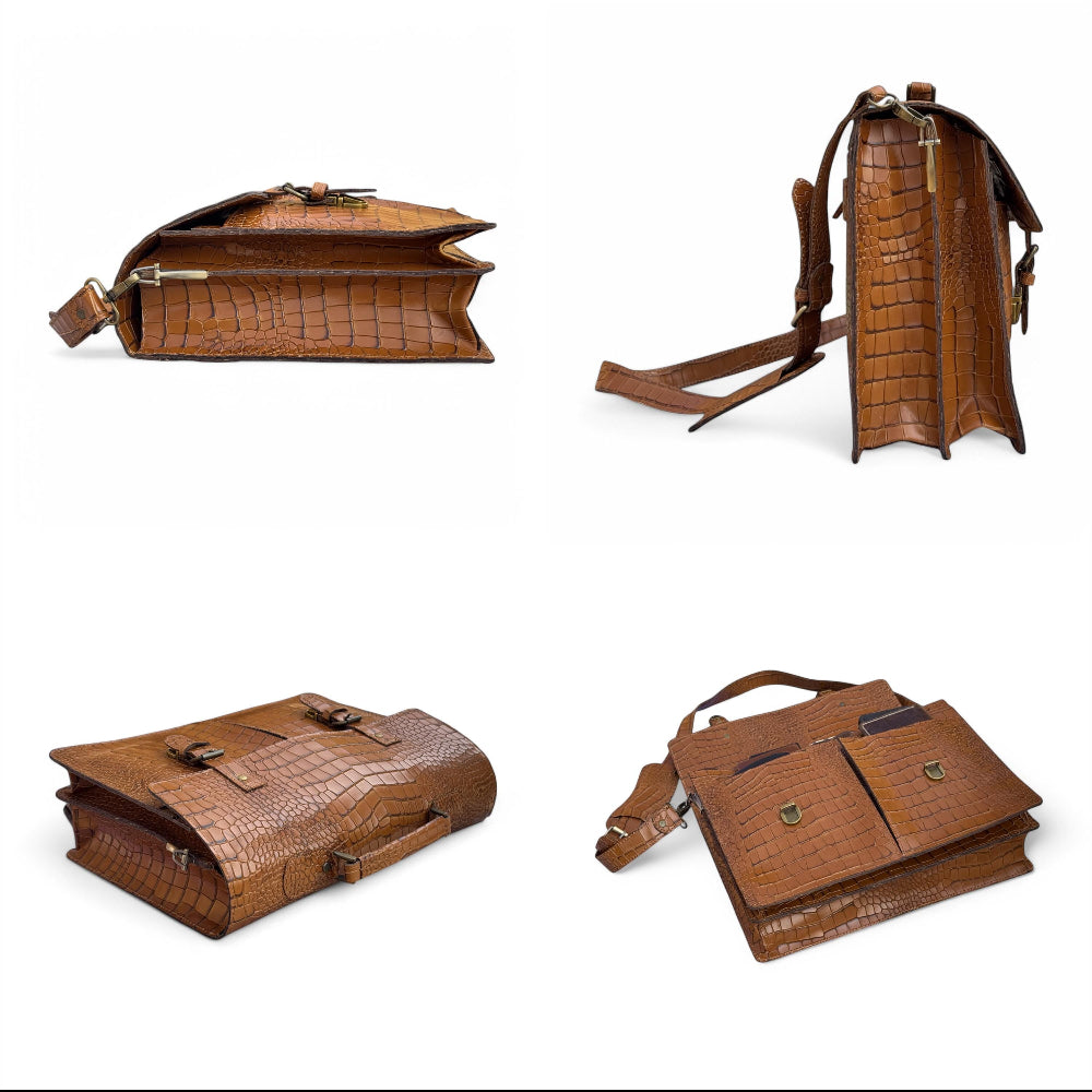 Front View – Alligator Texture Leather Messenger Bag Front with Buckles


