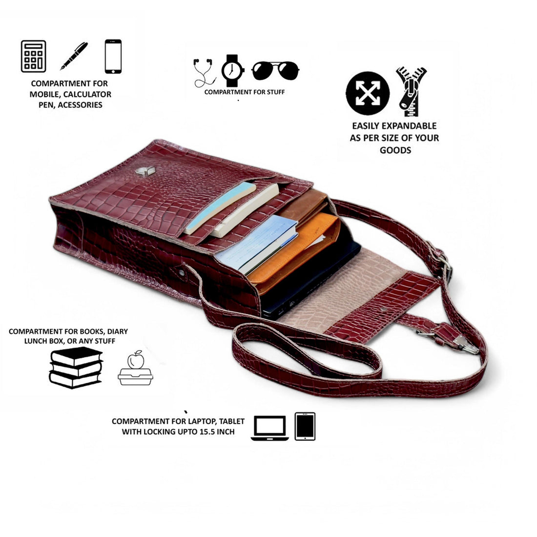 Front View – Front display of the dark brown alligator texture leather bag with zipper

