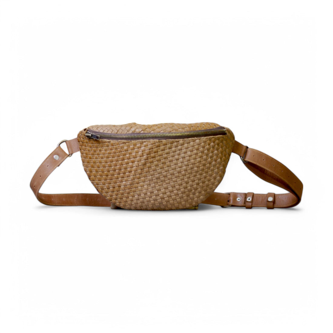 Front View – Stylish woven leather bumbag with sleek full-grain texture and front zip pocket.

