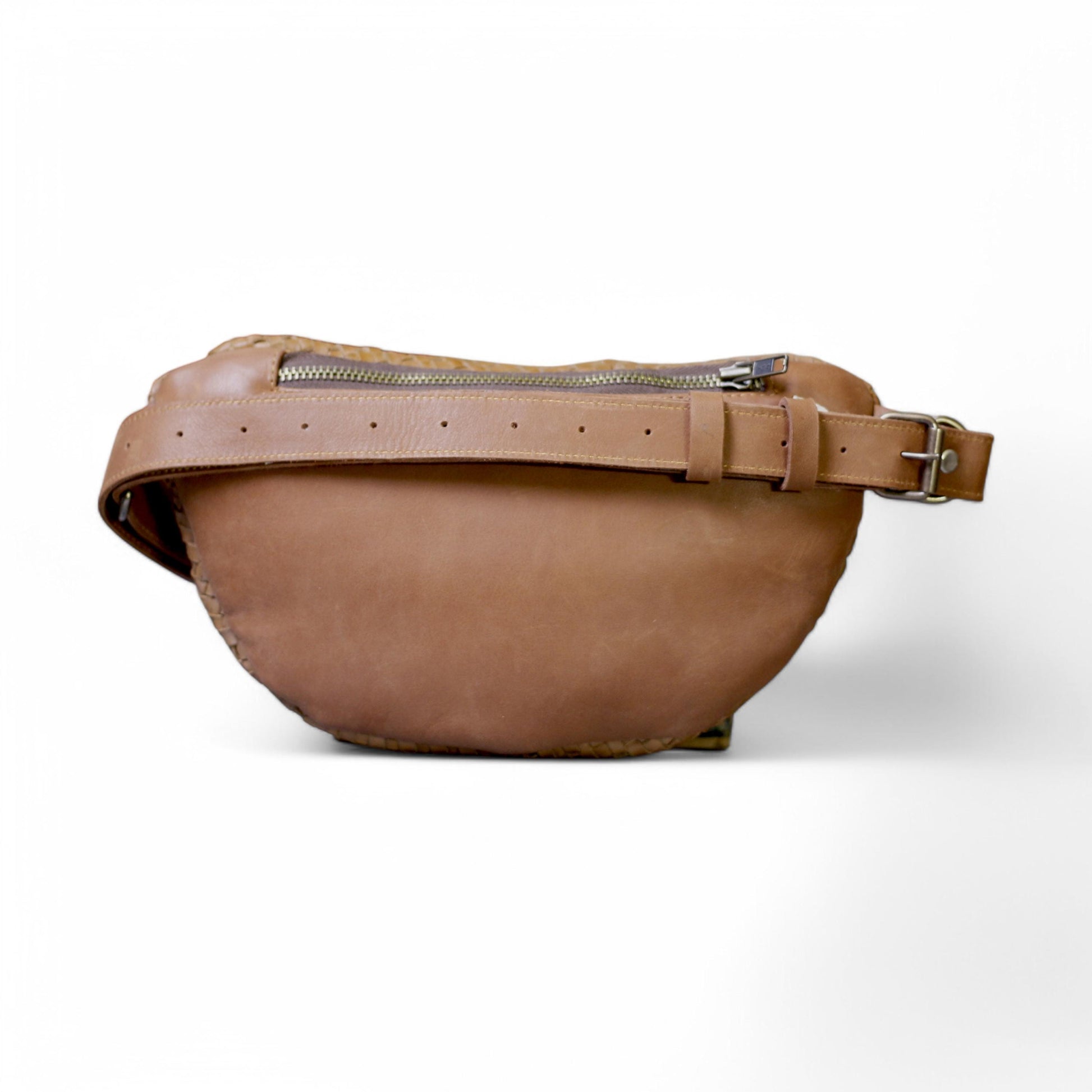 Back View – Rear angle showing adjustable strap and smooth leather panel.

