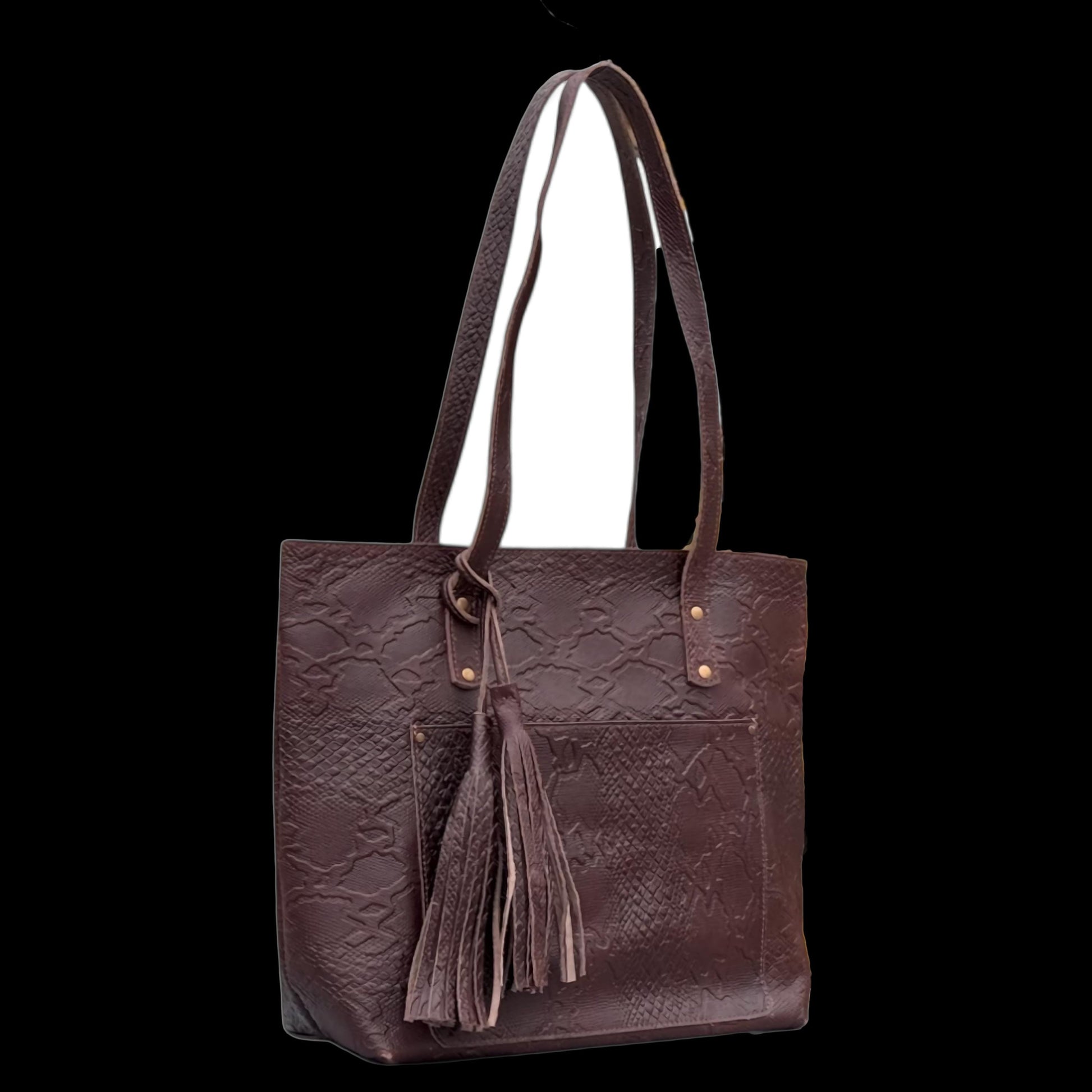 Side View – Profile angle showing structured shape and spacious depth of the tote.

