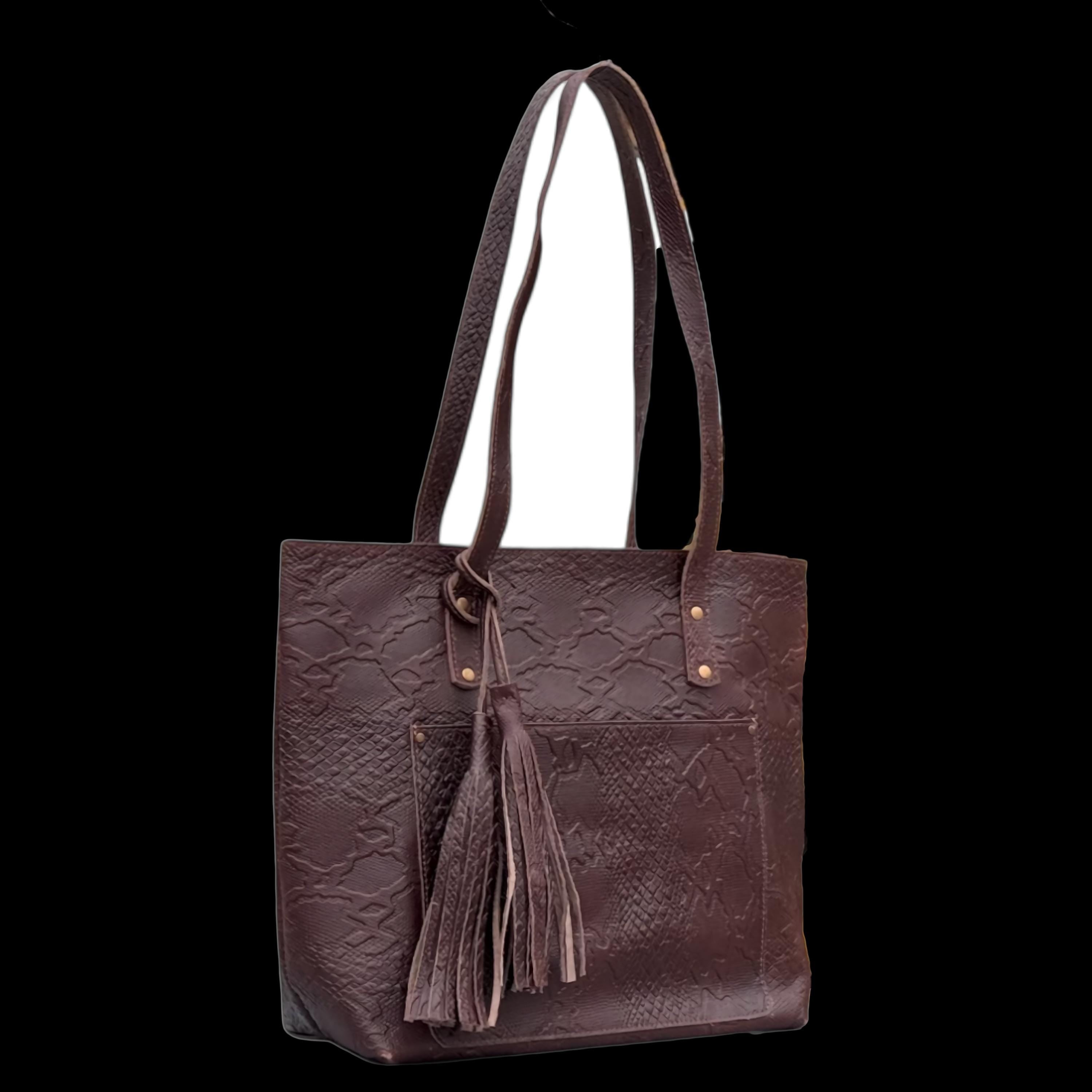 Side View – Profile angle showing structured shape and spacious depth of the tote.

