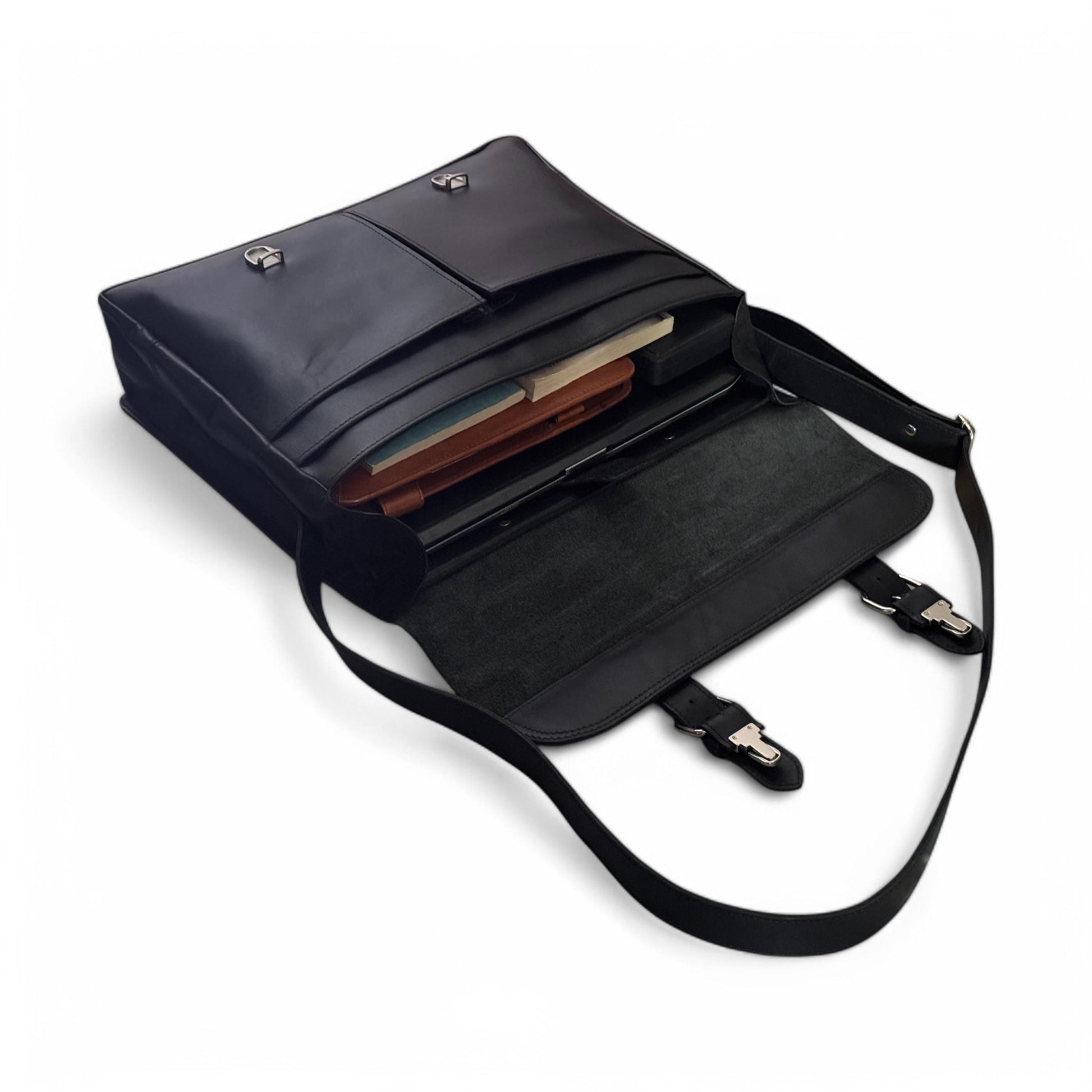 Top View – Overhead shot showing zipper opening, top handle, and roomy interior layout.


