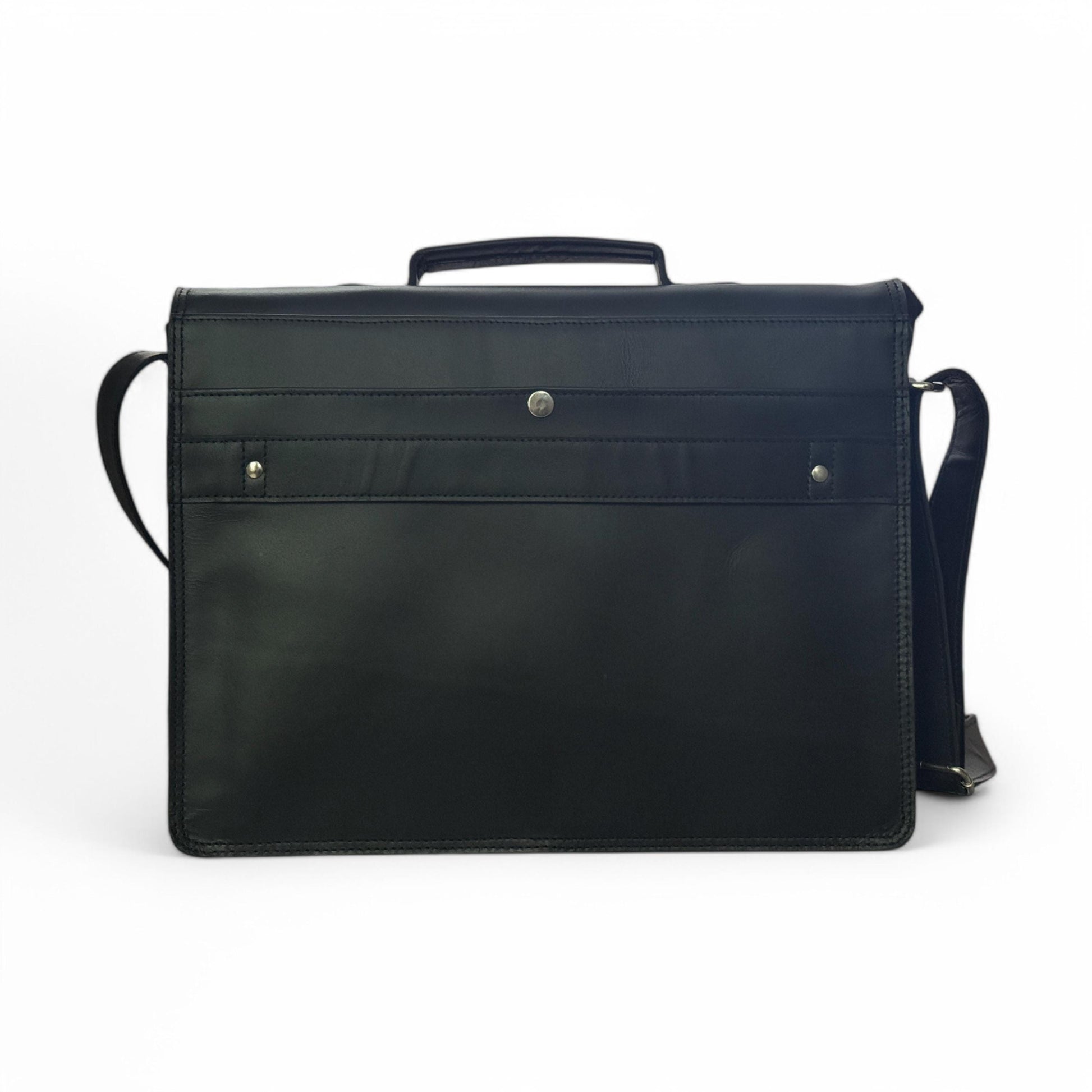 Back View – Rear snap-closure pocket and clean stitching showcased in rich black leather.


