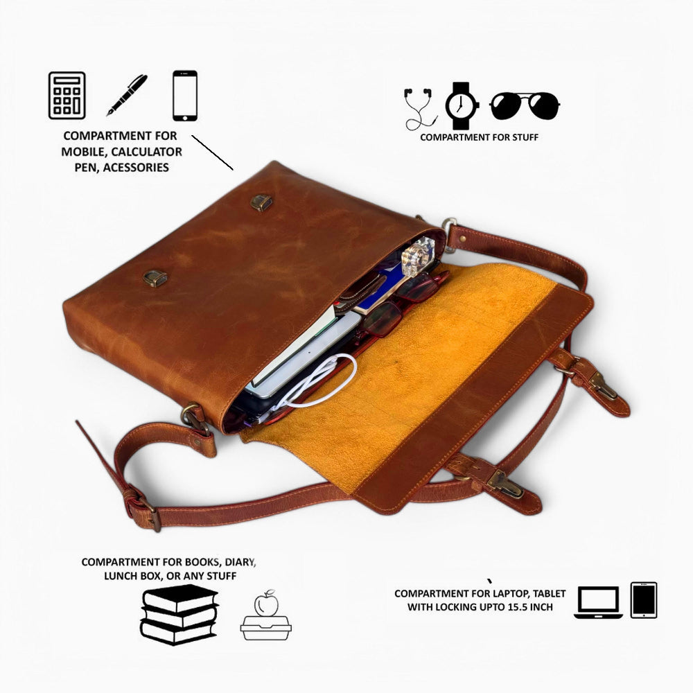 Front View – Leather messenger bag with classic flap and buckle clasp

