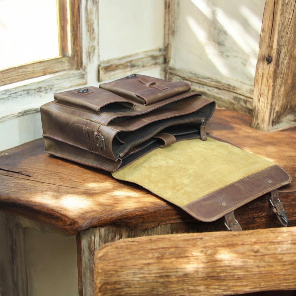 Brown Inside view with laptop compartment and pockets

