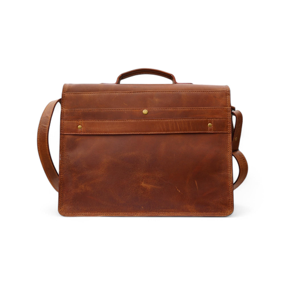 Back side Handmade Men Brown Coarse Leather Messenger  bag lap top bag