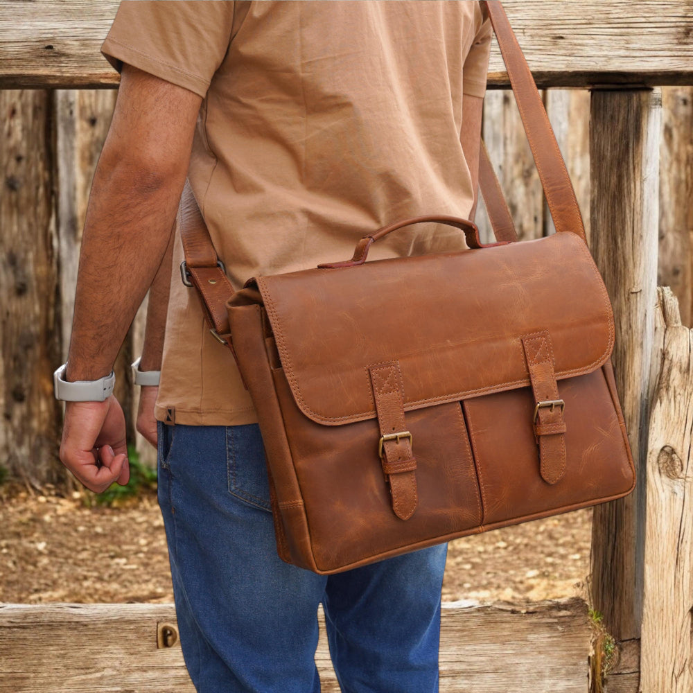 Handmade Men Brown Coarse Leather Messenger  bag lap top bag