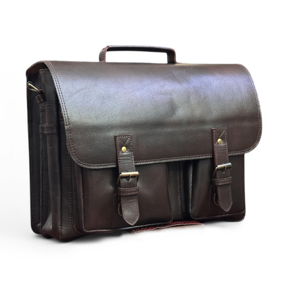 Side view showing briefcase depth and leather grain

