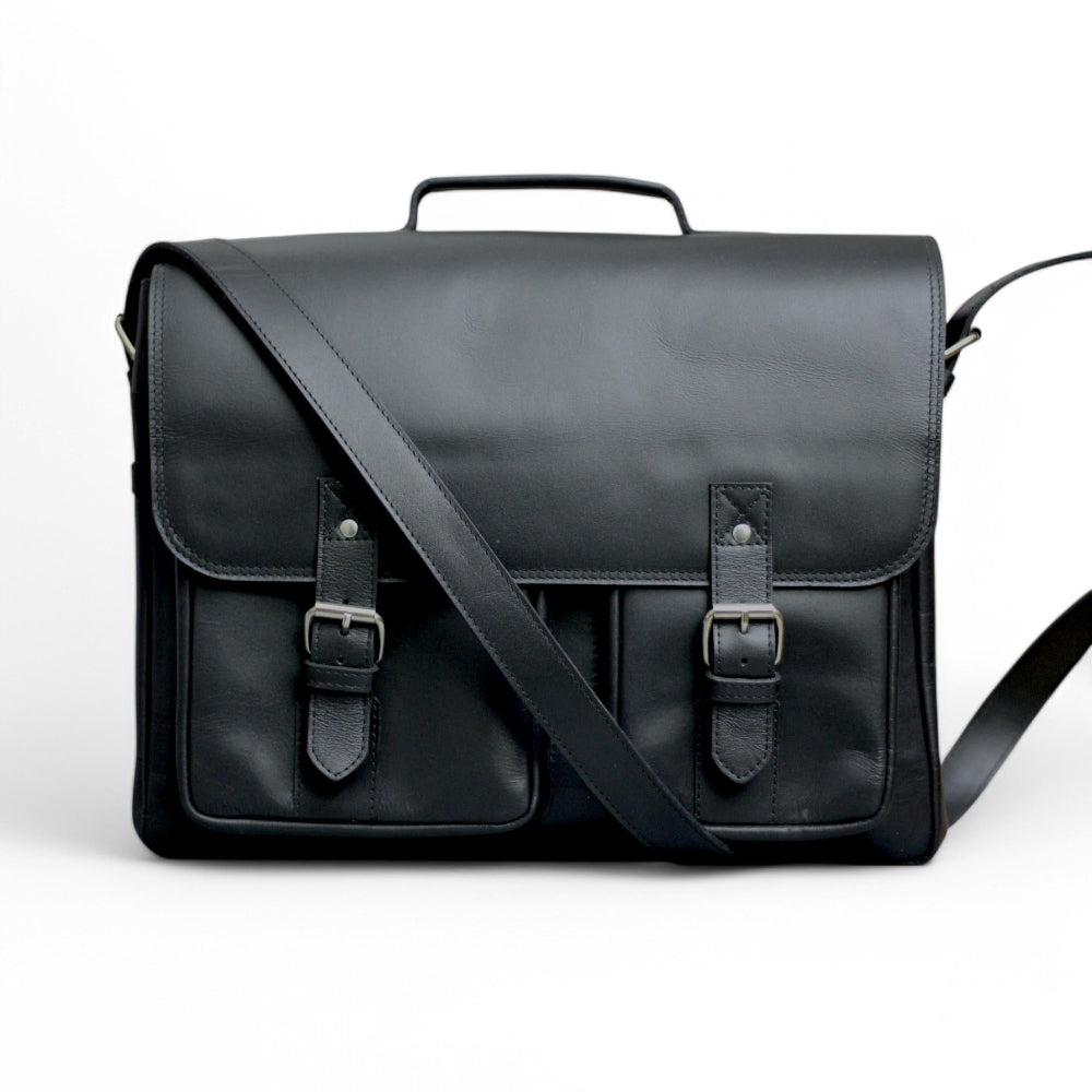 Black front double  pocket full grain leathers bag 
