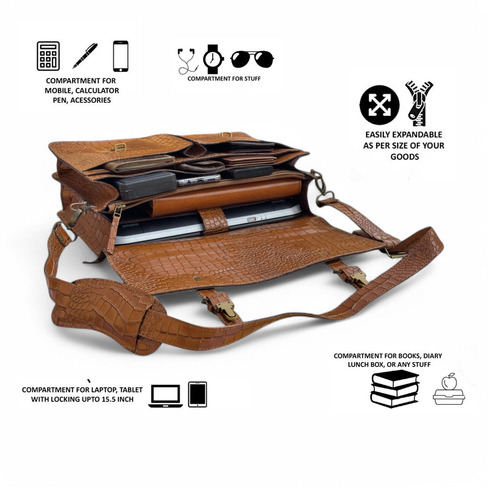 Front View – Alligator Texture Leather Messenger Bag Front with Buckles

