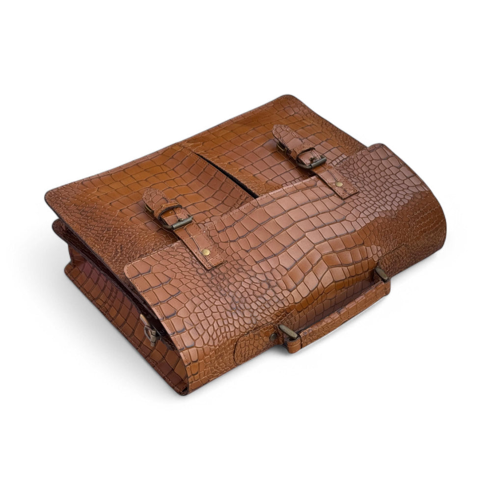 Front View – Alligator Texture Leather Messenger Bag Front with Buckles

