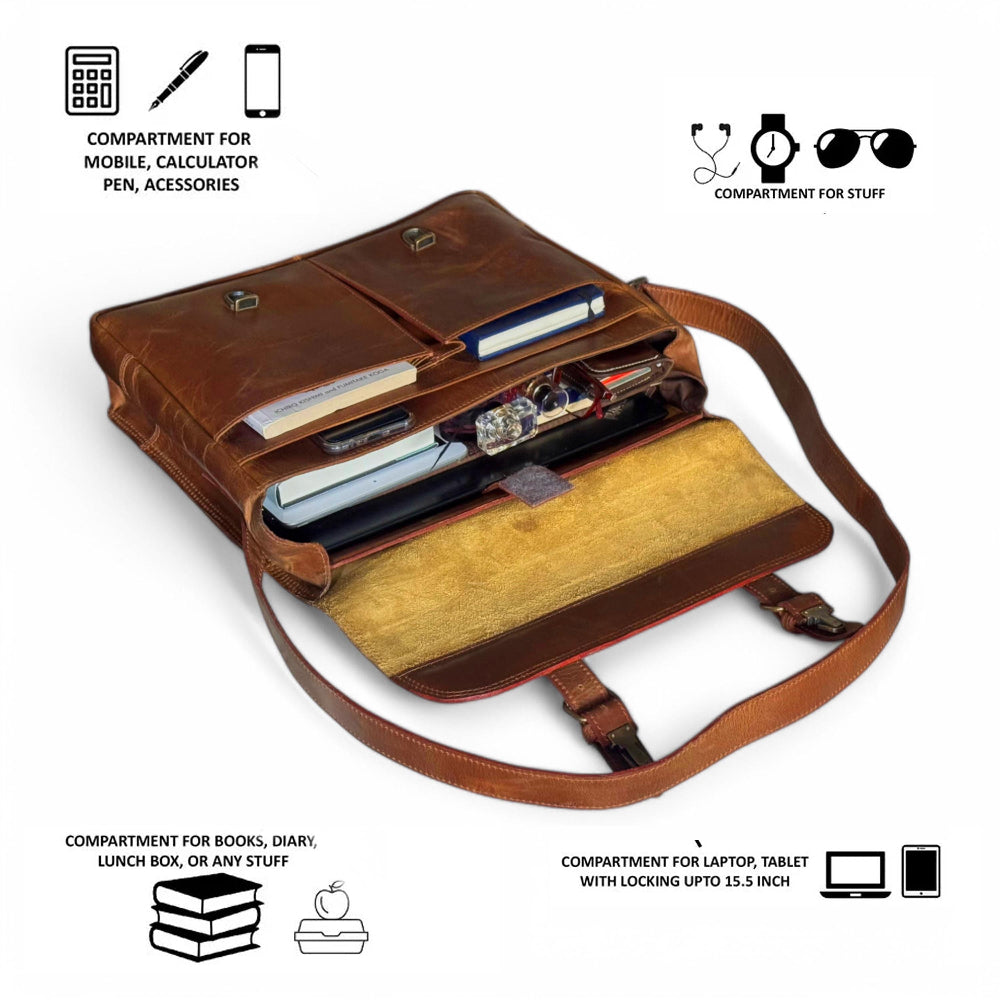 inside pockets view Handmade Men Brown Coarse Leather Messenger  bag lap top bag