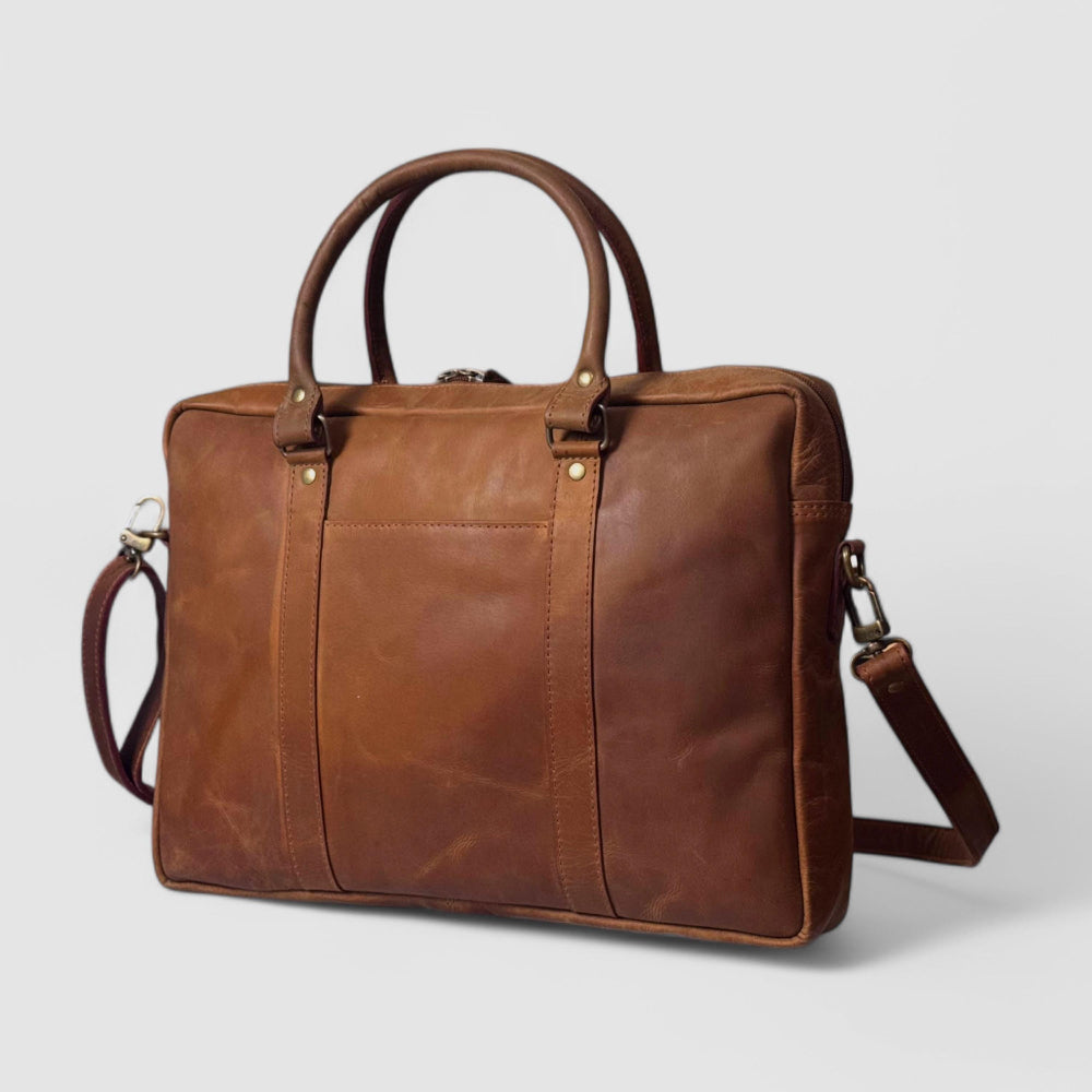 Angled View – Angled view capturing the elegance, texture, and craftsmanship of the briefcase.

