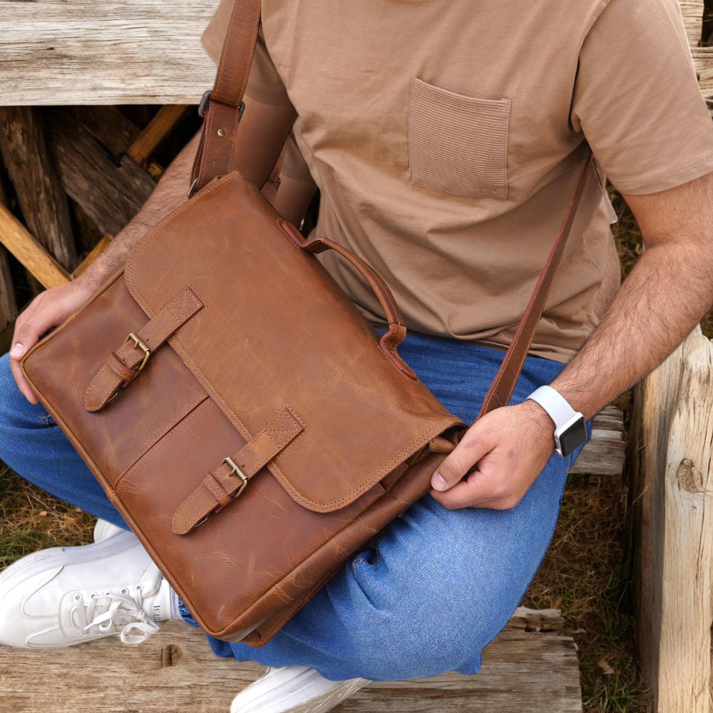 Handmade Men Brown Coarse Leather Messenger  bag lap top bag