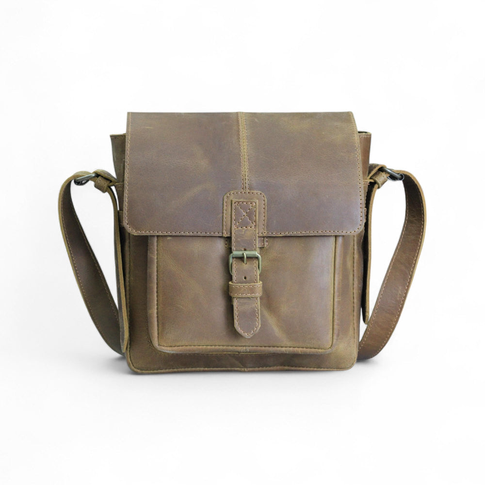 Front View – Front-facing view of the leather messenger bag showing buckle closure

