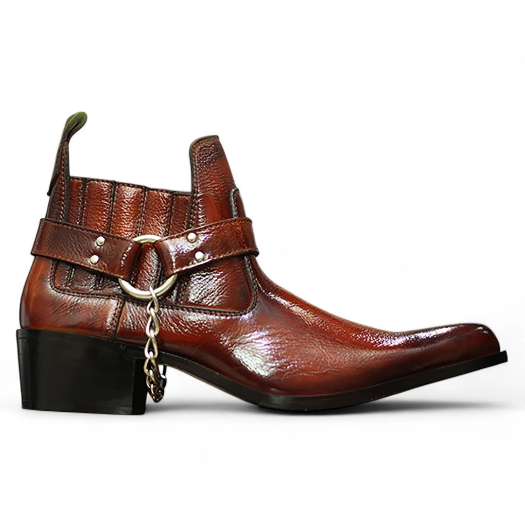 Brown leather boot with belt and chain on a white background