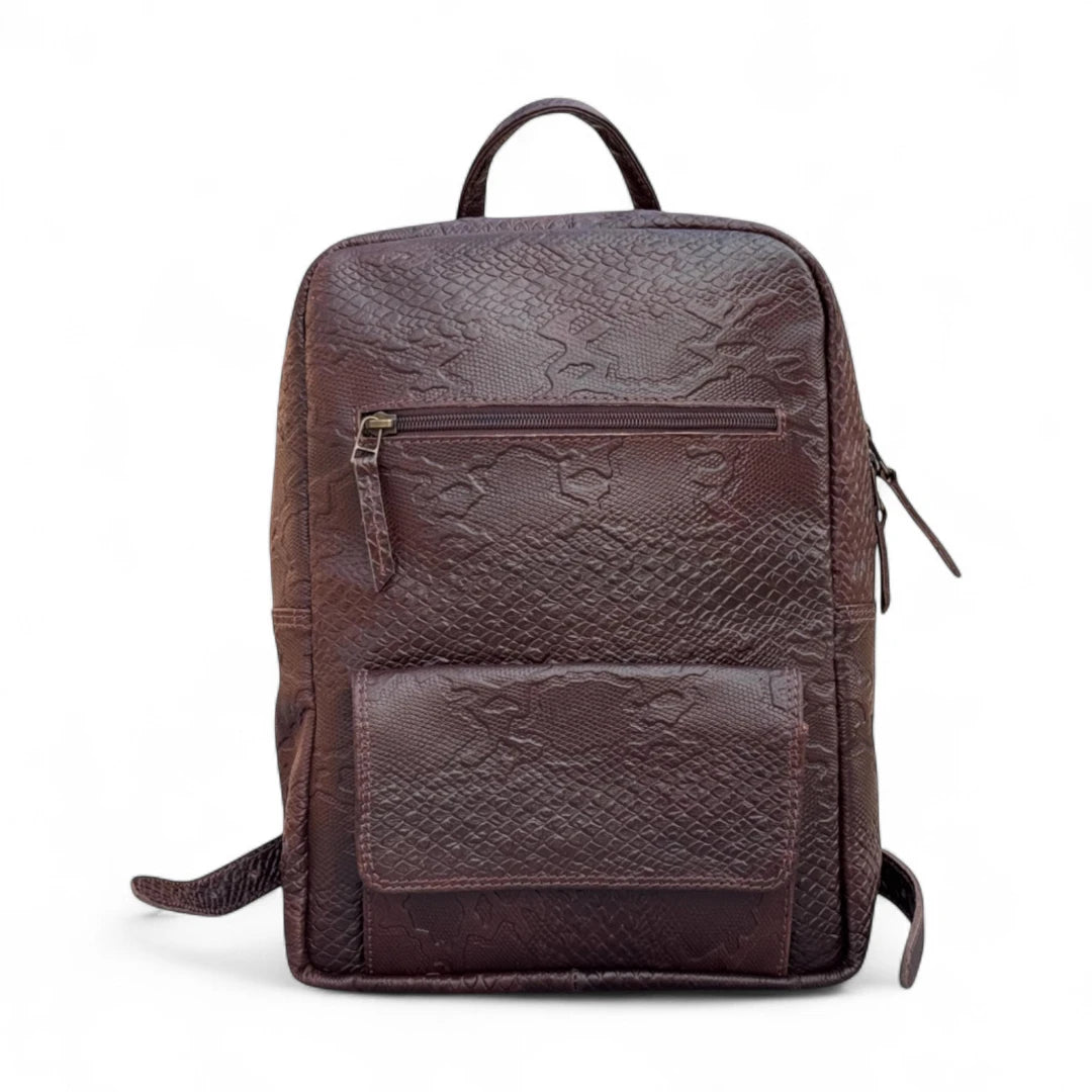 Brown textured backpack on a white background