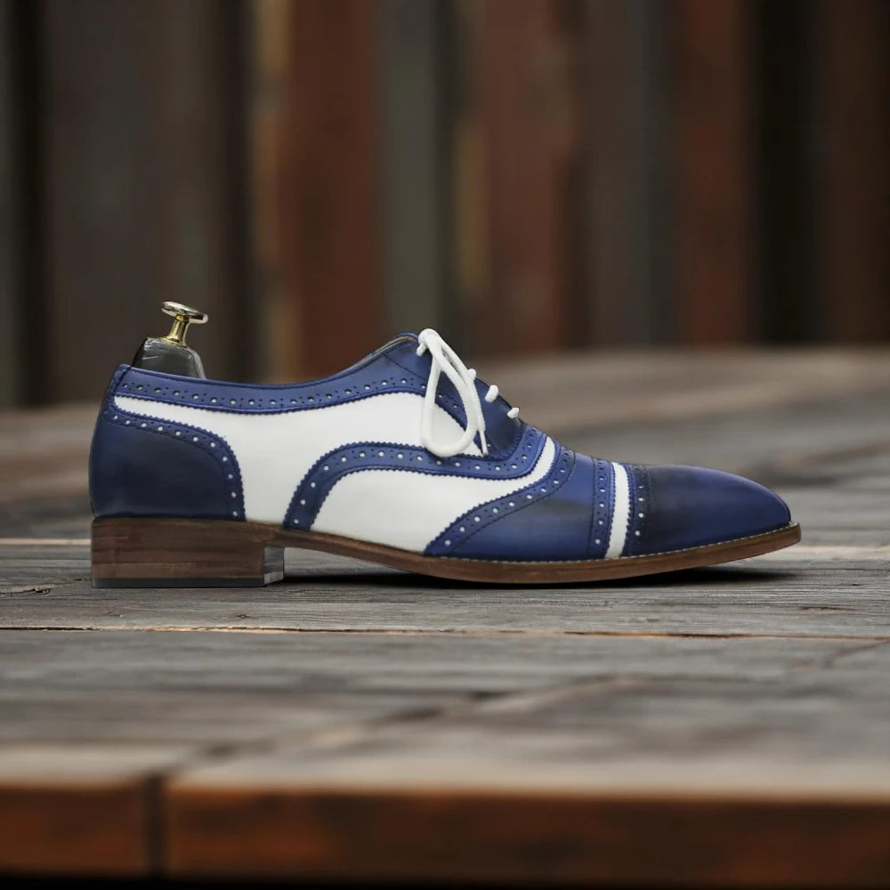 Blue White Oxfords Brogues Dress Lace up cap toe Shoes mens