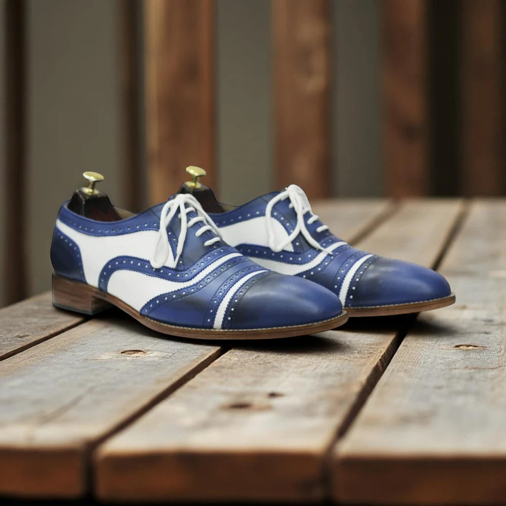 Blue White Oxfords Brogues Dress Lace up cap toe Shoes mens