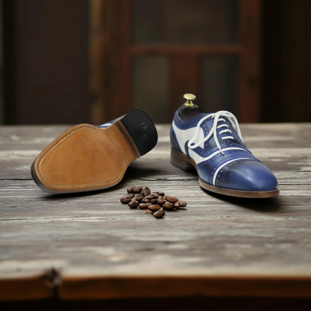 Blue White Oxfords Brogues Dress Lace up cap toe Shoes mens