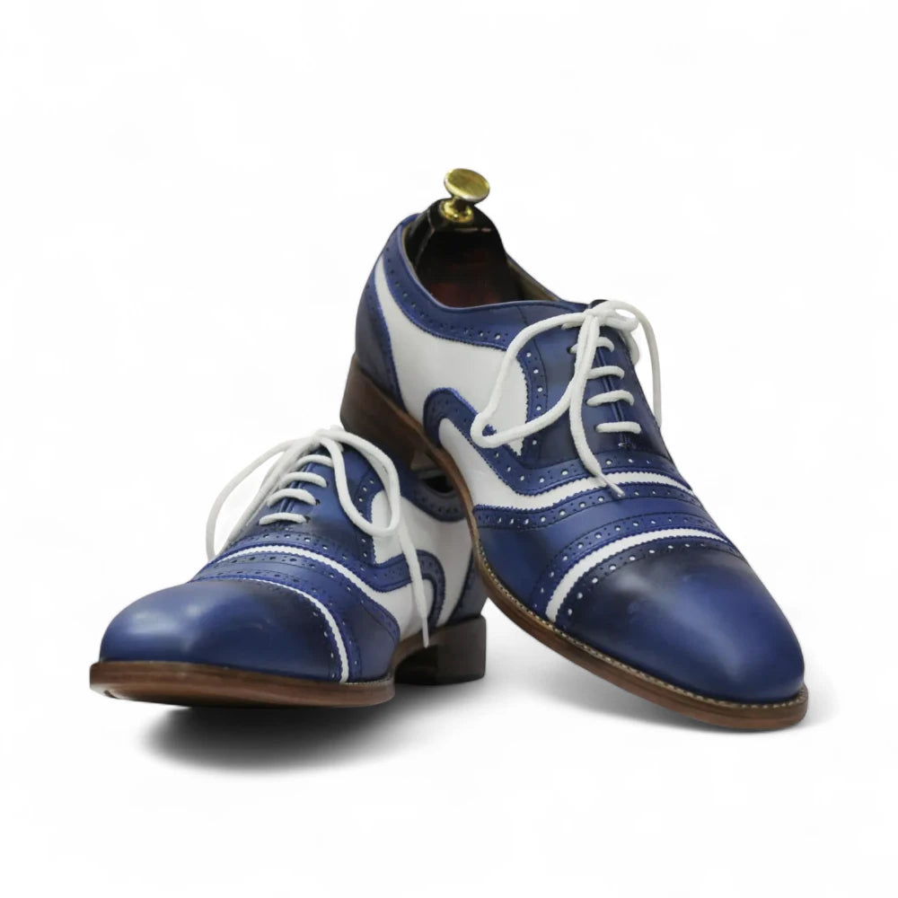 Blue White Oxfords Brogues Dress Lace up cap toe Shoes mens