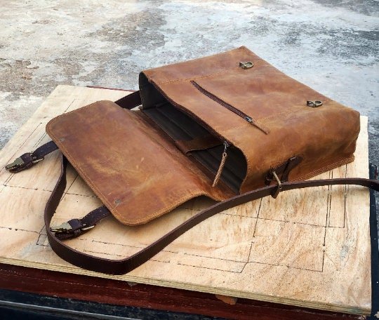 Made To order Hand Stitched Genuine Leather Crossbody Messenger Bag, Briefcase Bag, Laptop Bag, Crazy Horse Pull - Up Leather Vintage Bag - Posh Footwear