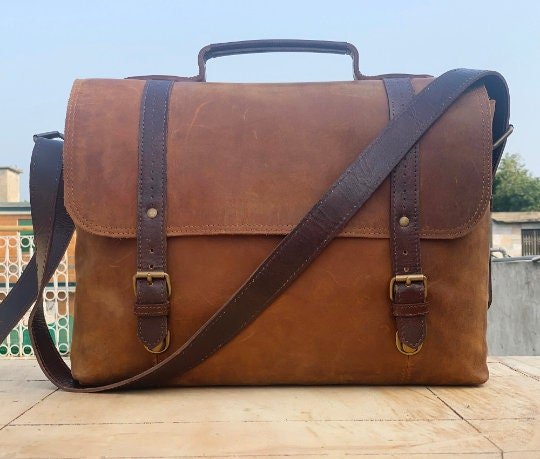 Made To order Hand Stitched Genuine Leather Crossbody Messenger Bag, Briefcase Bag, Laptop Bag, Crazy Horse Pull - Up Leather Vintage Bag - Posh Footwear
