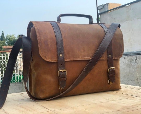 Made To order Hand Stitched Genuine Leather Crossbody Messenger Bag, Briefcase Bag, Laptop Bag, Crazy Horse Pull - Up Leather Vintage Bag - Posh Footwear