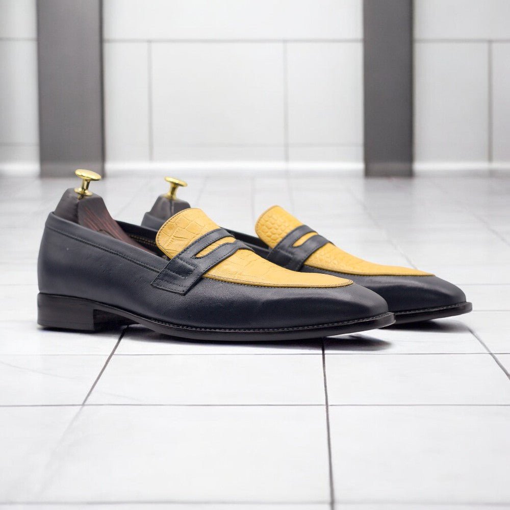 Men Handmade Yellow Black Loafers Alligator Leather Shoes - Posh FootwearShoes