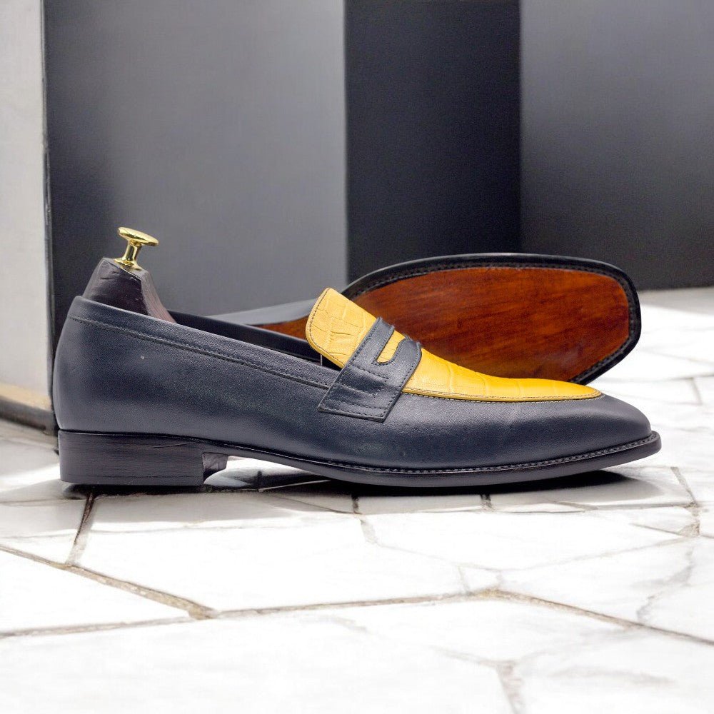Men Handmade Yellow Black Loafers Alligator Leather Shoes - Posh FootwearShoes