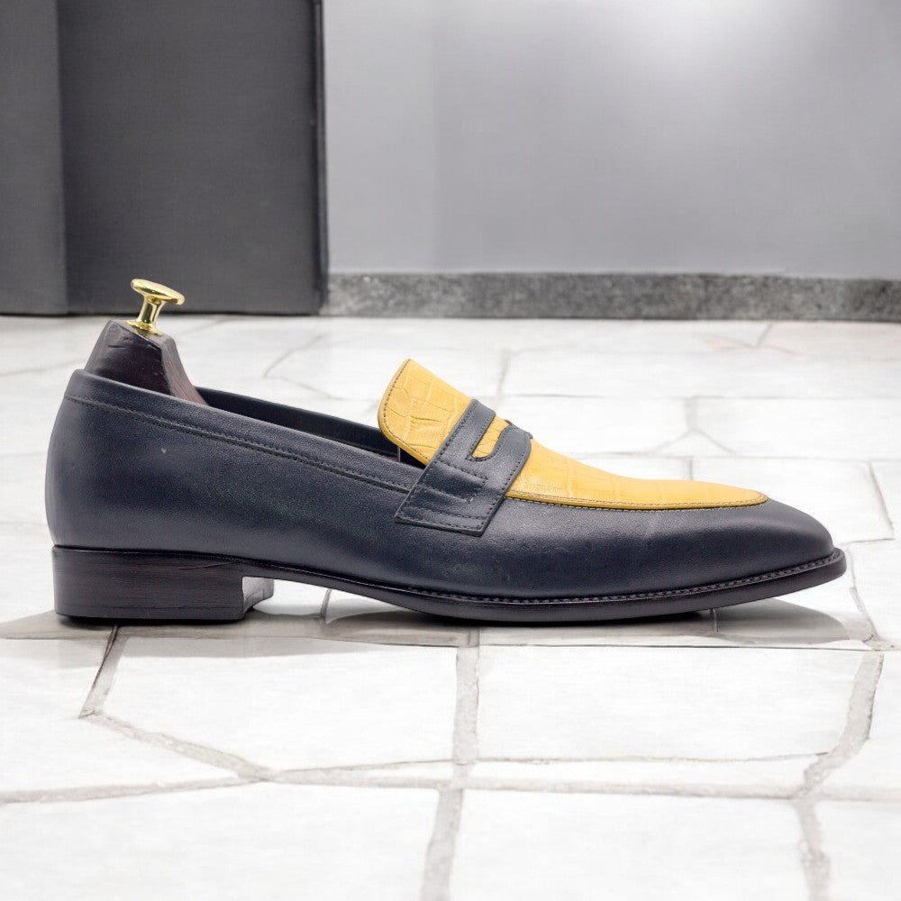Men Handmade Yellow Black Loafers Alligator Leather Shoes - Posh FootwearShoes