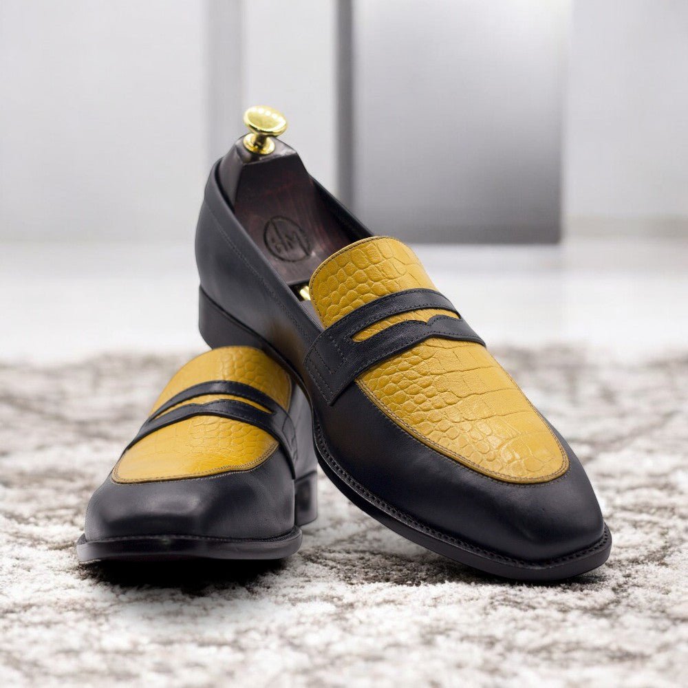 Men Handmade Yellow Black Loafers Alligator Leather Shoes - Posh FootwearShoes