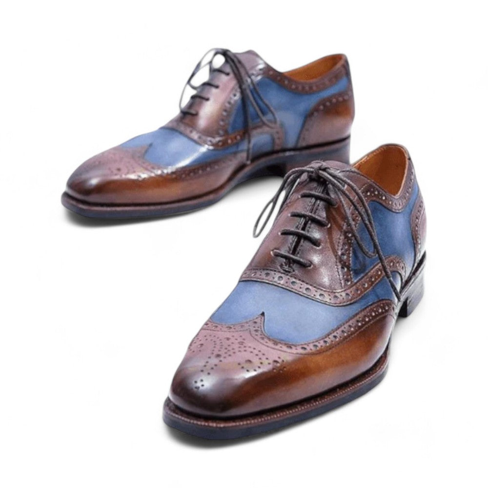 Men's Blue Brown Wingtip Lace-Up Leather Brogue Shoes – Formal Dress Shoes