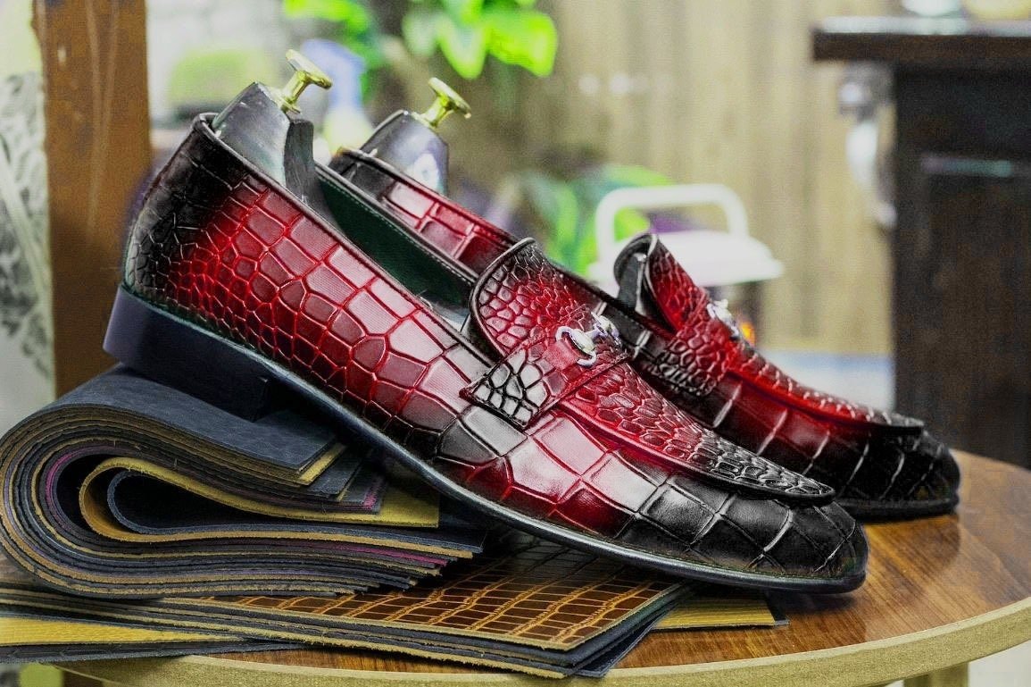New Handmade Alligator Textured Genuine Cow - Hide Leather Buckle Loafers For Men, Dress Formal Slip On Shoes Mens - Posh Footwear