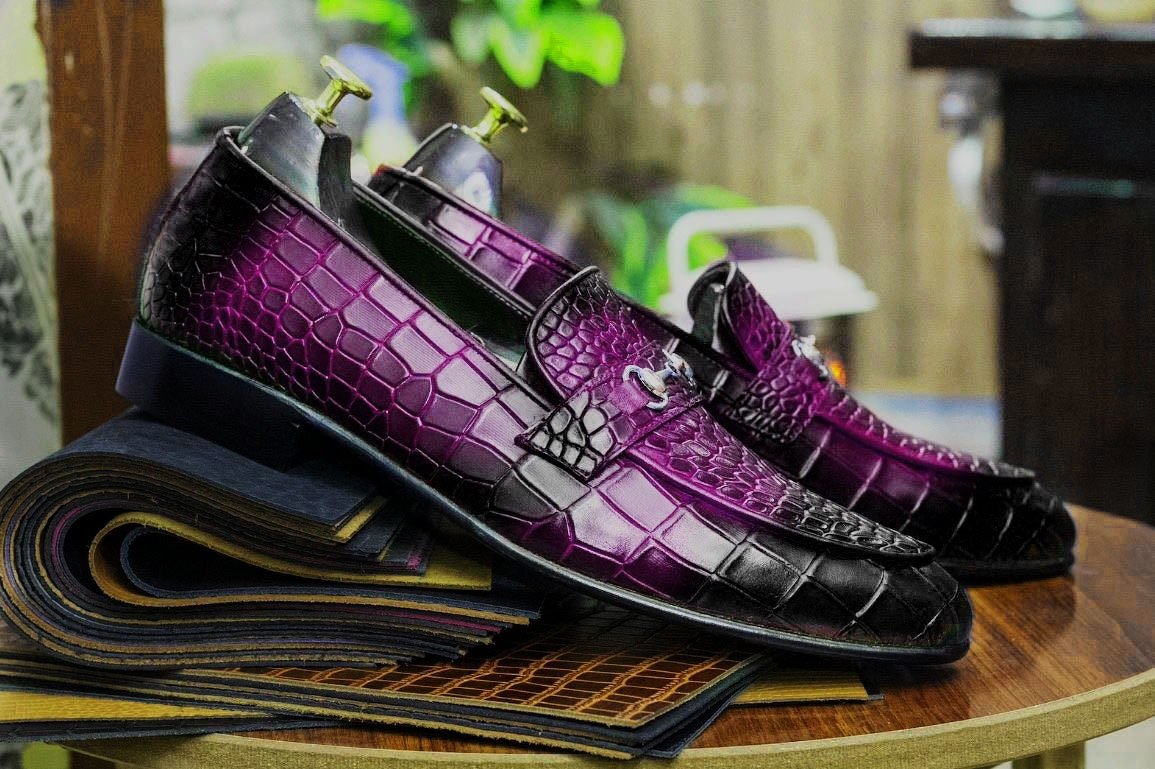 New Handmade Alligator Textured Genuine Cow - Hide Leather Buckle Loafers For Men, Dress Formal Slip On Shoes Mens - Posh Footwear