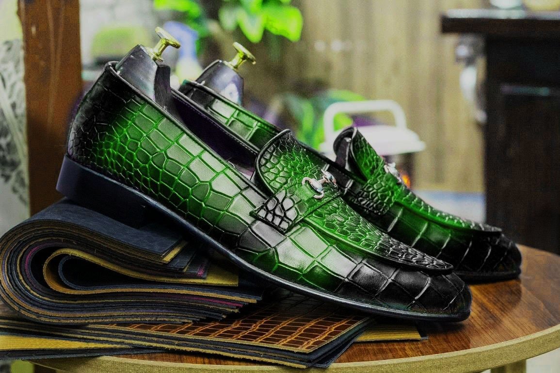 New Handmade Alligator Textured Genuine Cow - Hide Leather Buckle Loafers For Men, Dress Formal Slip On Shoes Mens - Posh Footwear