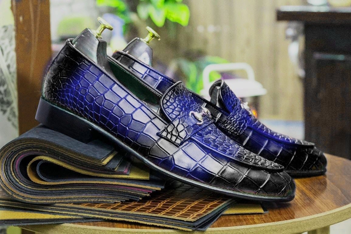 New Handmade Alligator Textured Genuine Cow - Hide Leather Buckle Loafers For Men, Dress Formal Slip On Shoes Mens - Posh Footwear
