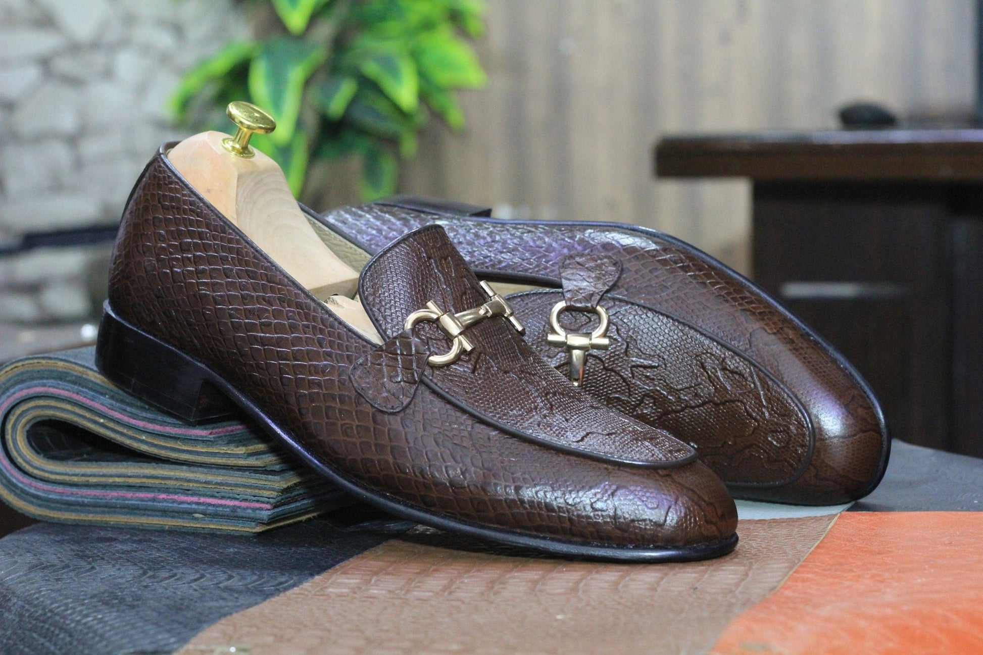New Handmade Python Textured Genuine Cow - Hide Leather Buckle Loafers For Men, Dress Formal Slip On Shoes For Mens - Posh Footwear