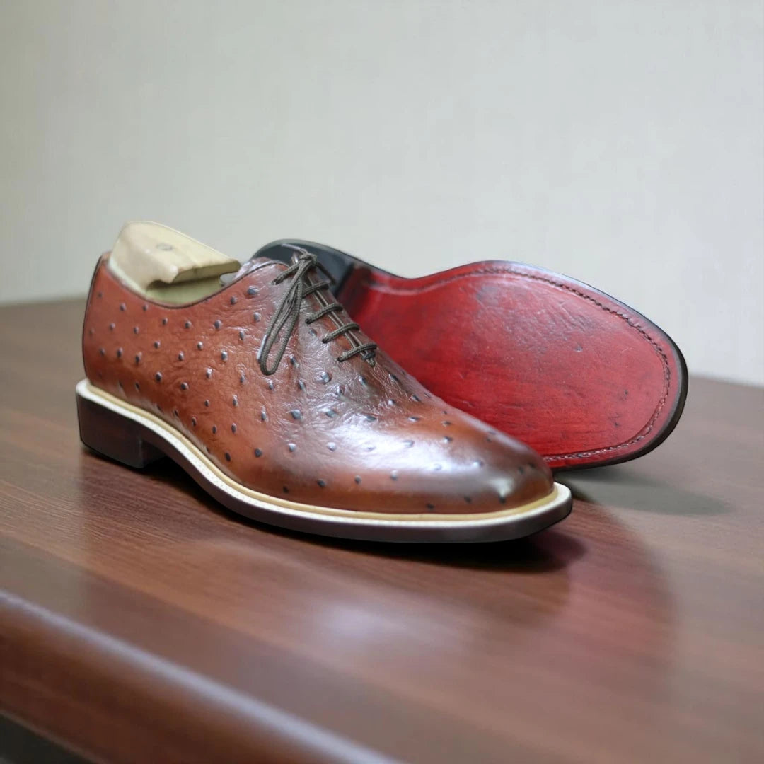 Front View – Handmade Brown Ostrich Leather Shoes Front Angle

