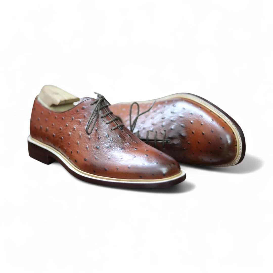Front View – Handmade Brown Ostrich Leather Shoes Front Angle

