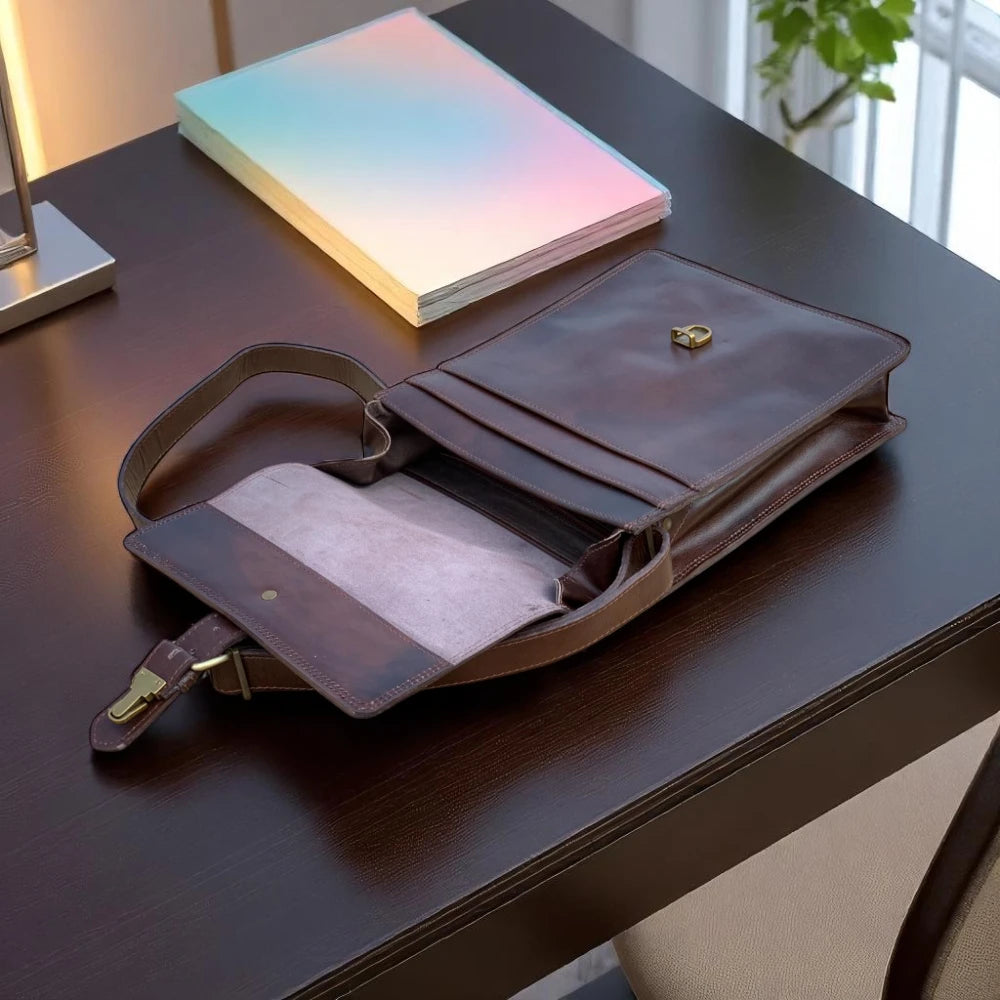 Interior view with padded laptop compartment and pen holders


